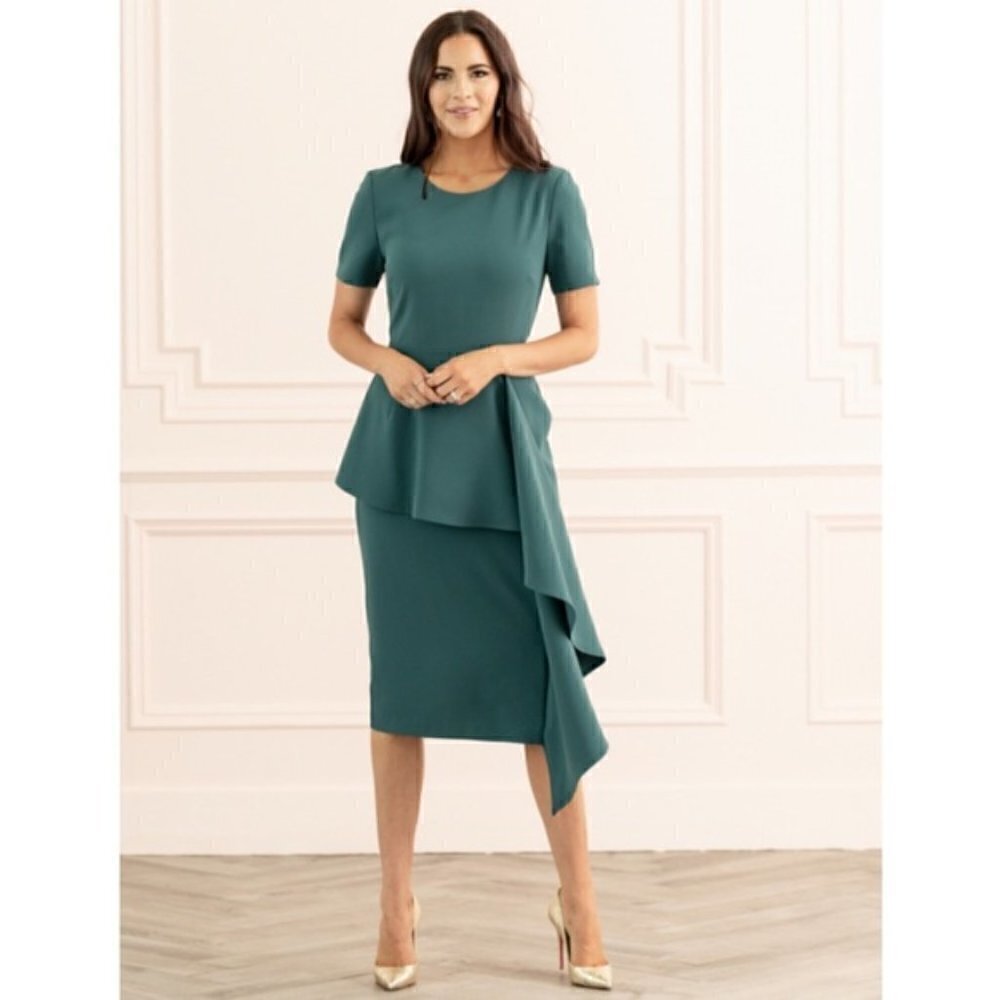 Rachel Parcell Cascade Ruffle Draped Teal Cyrus Sheath Midi Dress New Size XL/16